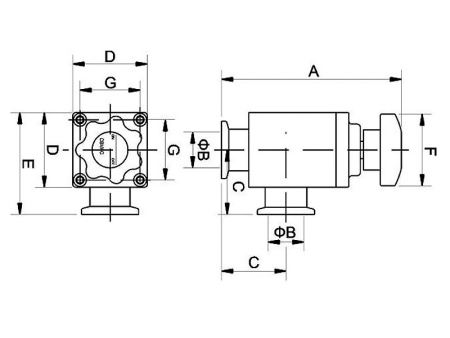 Клапан вакуумный угловой  GD-J16B KF16 Ручной уплотнение - Сильфонное материал - Алюминий